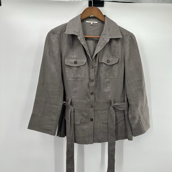 Gerard Darel Jacket Womens US 6 Gray Linen Belted Utility Military Coastal - Picture 1 of 10
